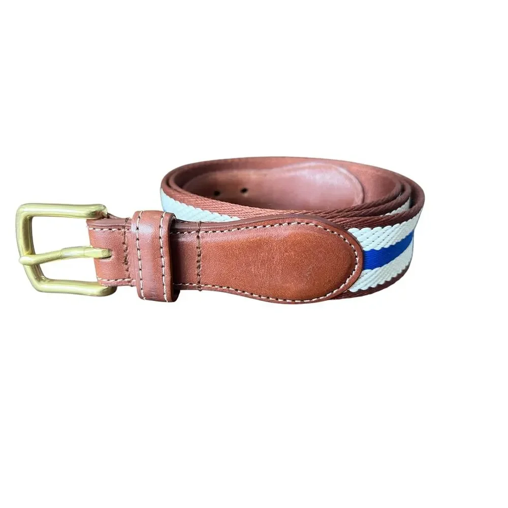 Collared Greens Sz 38 Dockside Navy Ivory Brown Leather Canvas Belt Brass Buckle